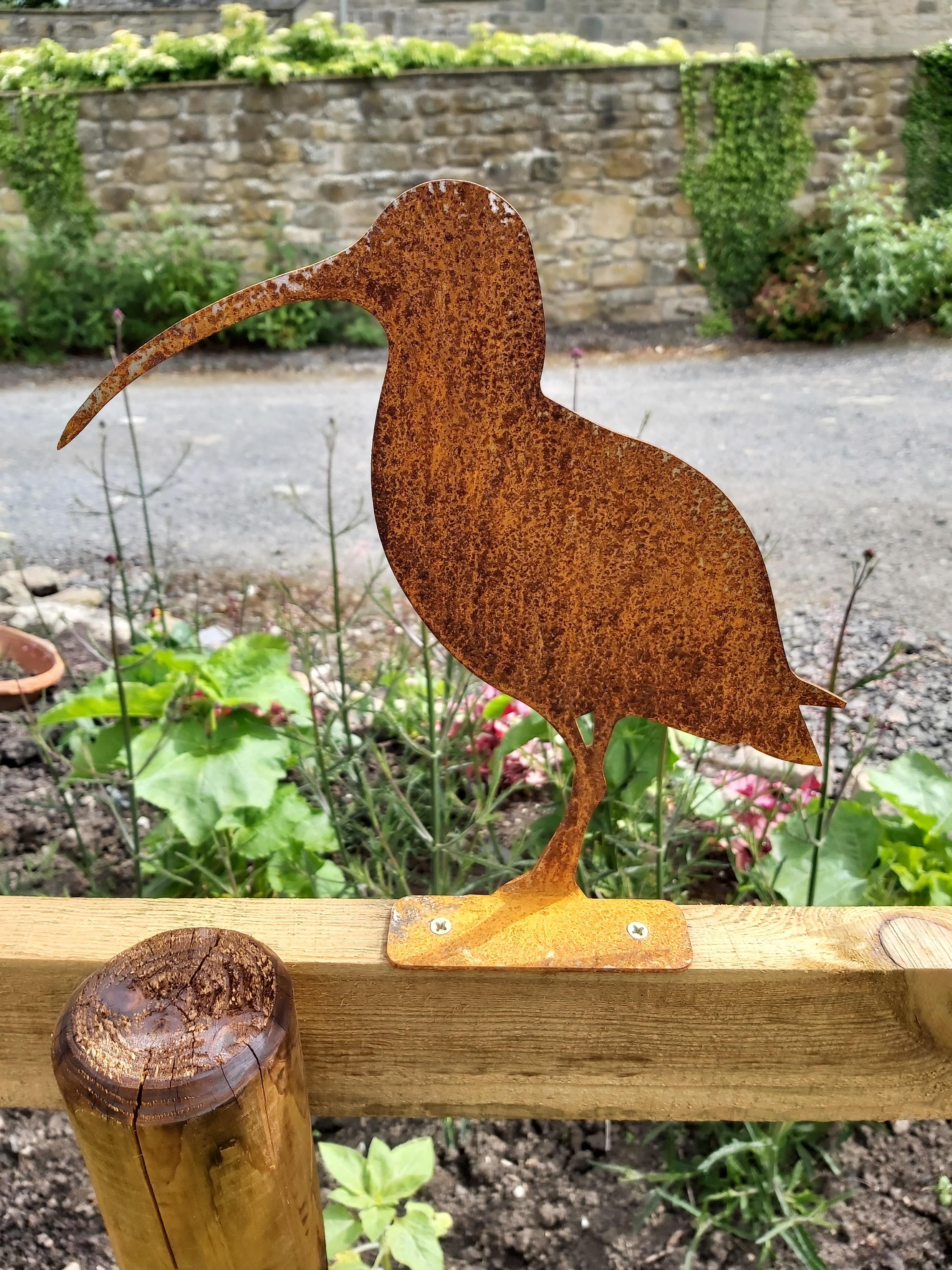 Metal Curlew garden decoration / outdoor metal bird silhouette / rusted corten weathering steel garden gift