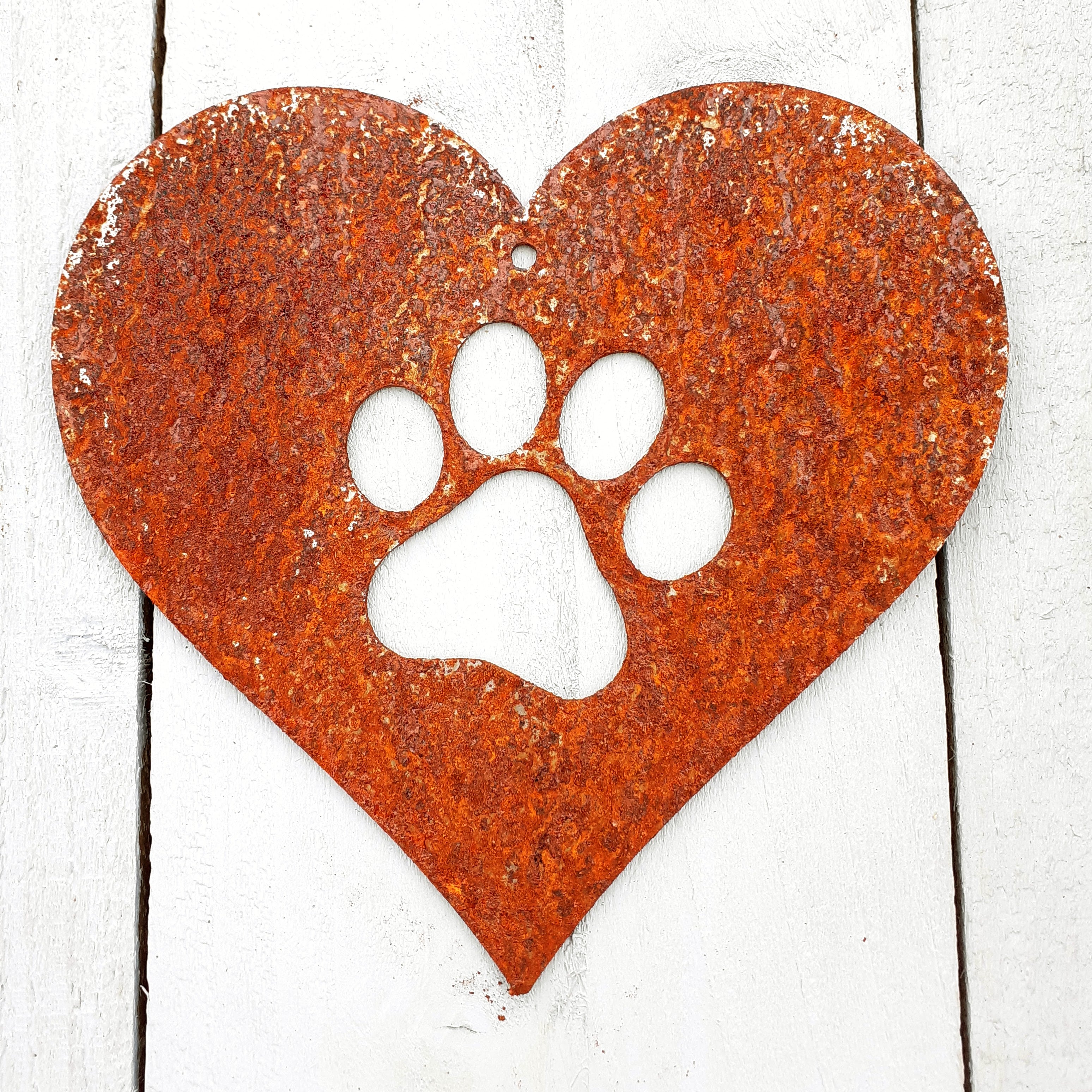 Metal love heart with paw print garden decoration / steel heart and pet paw print hanging decoration / rustic rusted metal garden gift