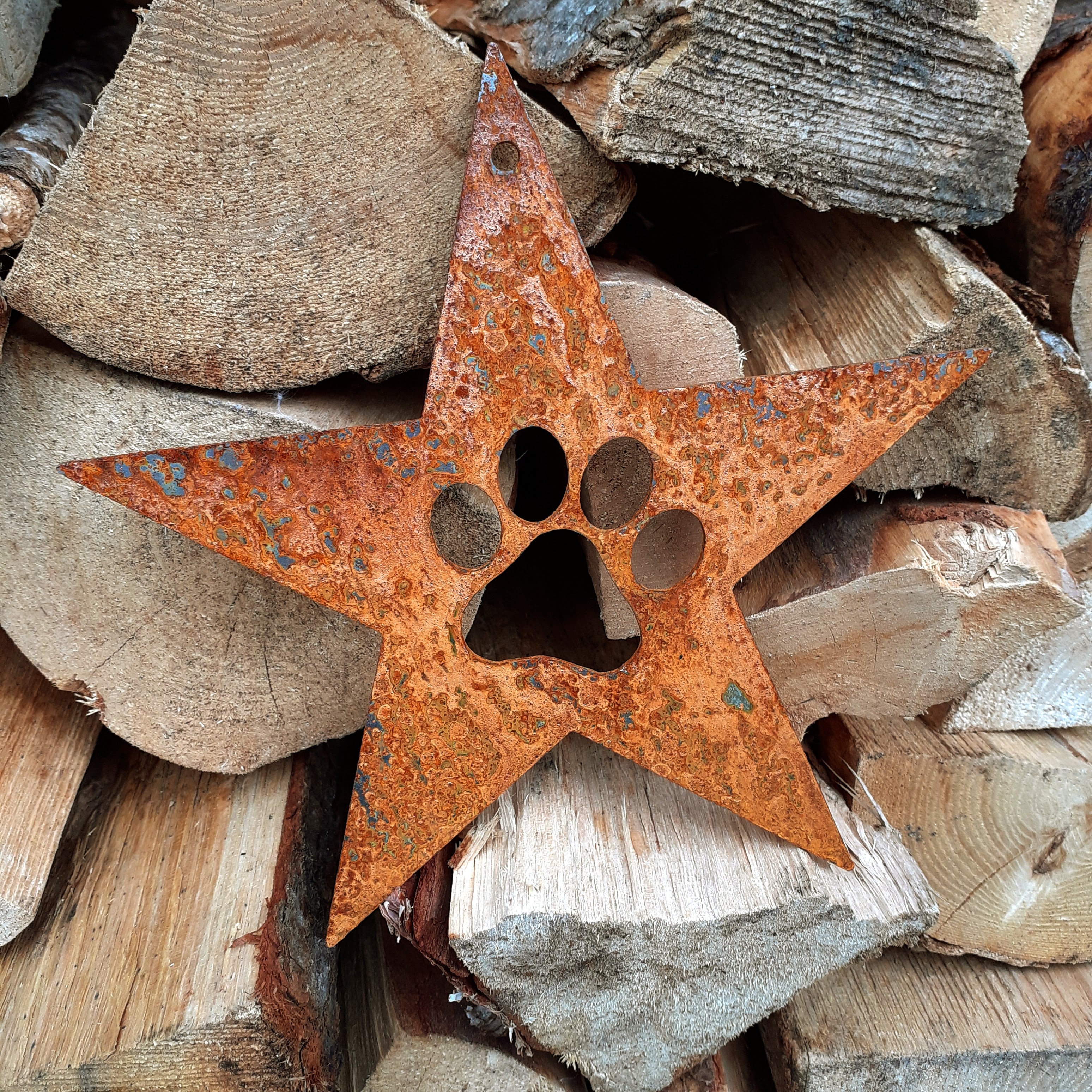 Metal star with paw print unique decoration / solid Corten weathering steel star and paw print / fabulous metal garden gift