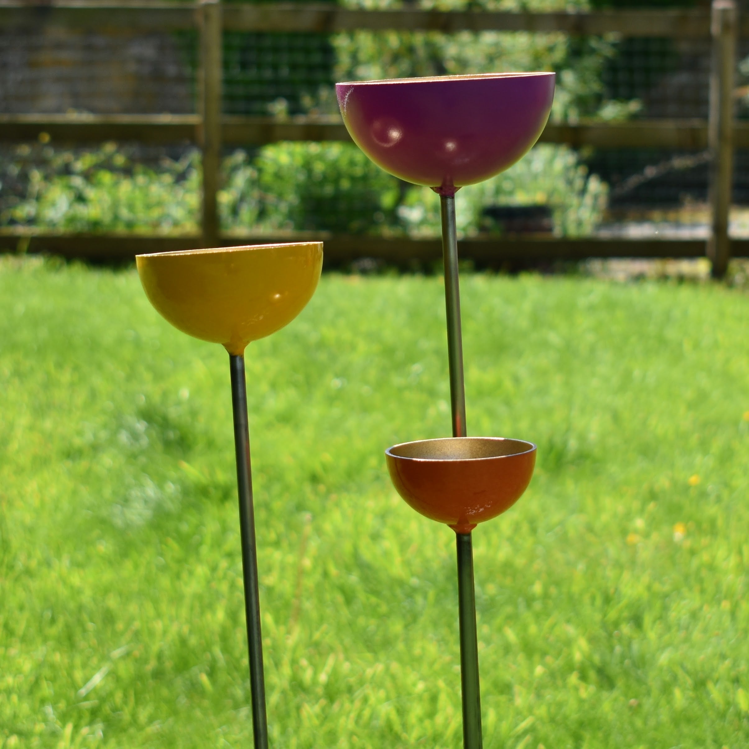 Colourful Steel Rain Catchers / Bird Feeders / Set of three handmade in steel / small, medium & large