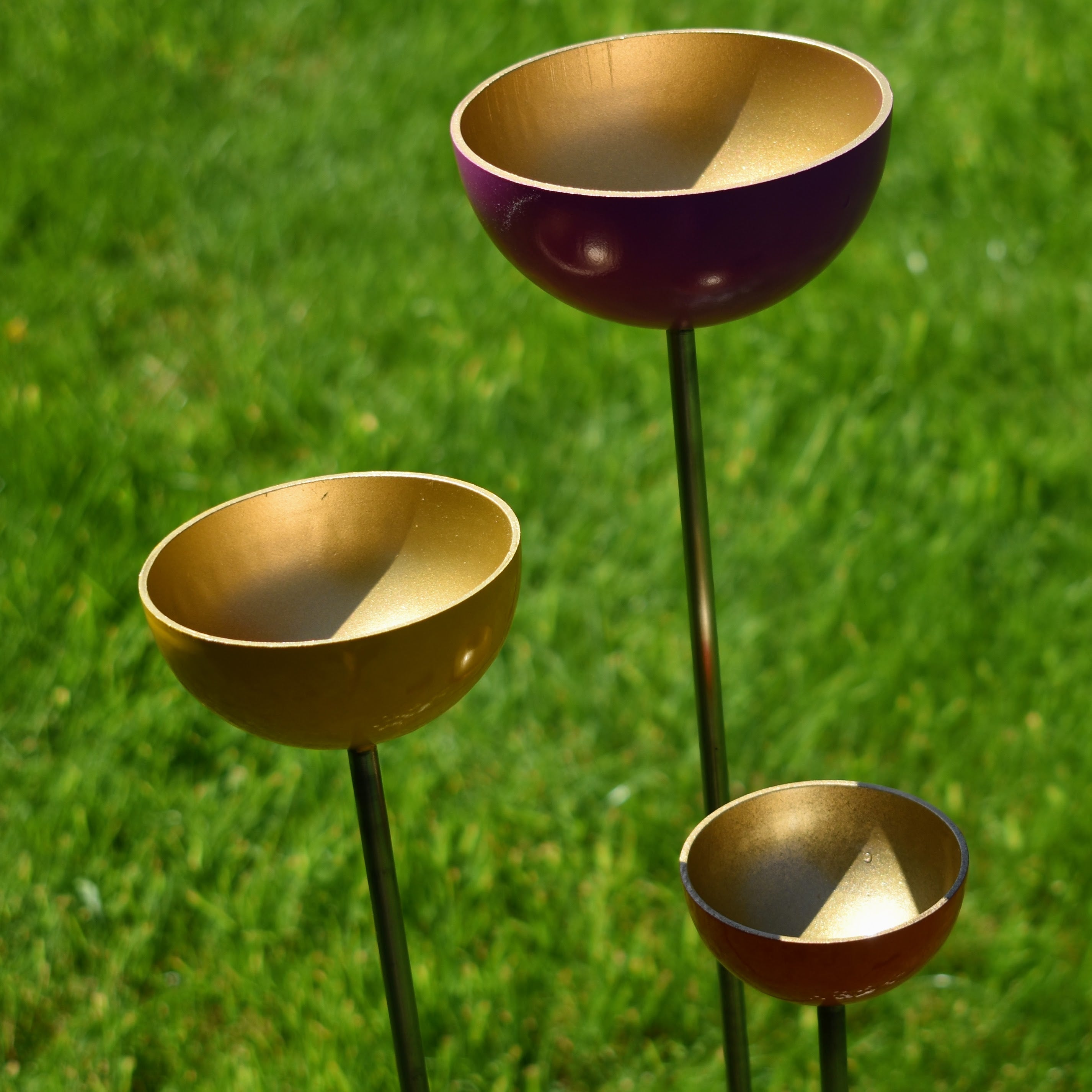 Colourful Steel Rain Catchers / Bird Feeders / Set of three handmade in steel / small, medium & large