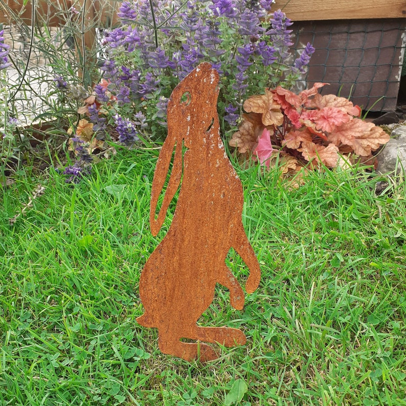 Stargazy Hare garden decoration / outdoor weathering metal hare silhouette / rusted corten steel garden gift