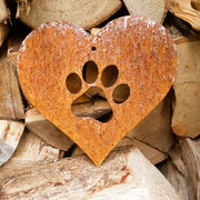 Metal love heart with paw print garden decoration / steel heart and pet paw print hanging decoration / rustic rusted metal garden gift