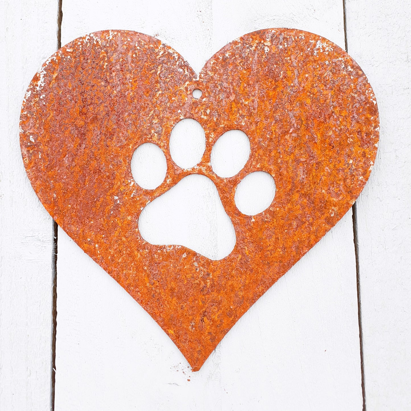 Metal love heart with paw print garden decoration / steel heart and pet paw print hanging decoration / rustic rusted metal garden gift