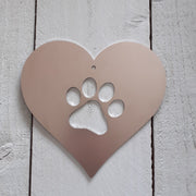 Metal love heart with paw print garden decoration / steel heart and pet paw print hanging decoration / rustic rusted metal garden gift