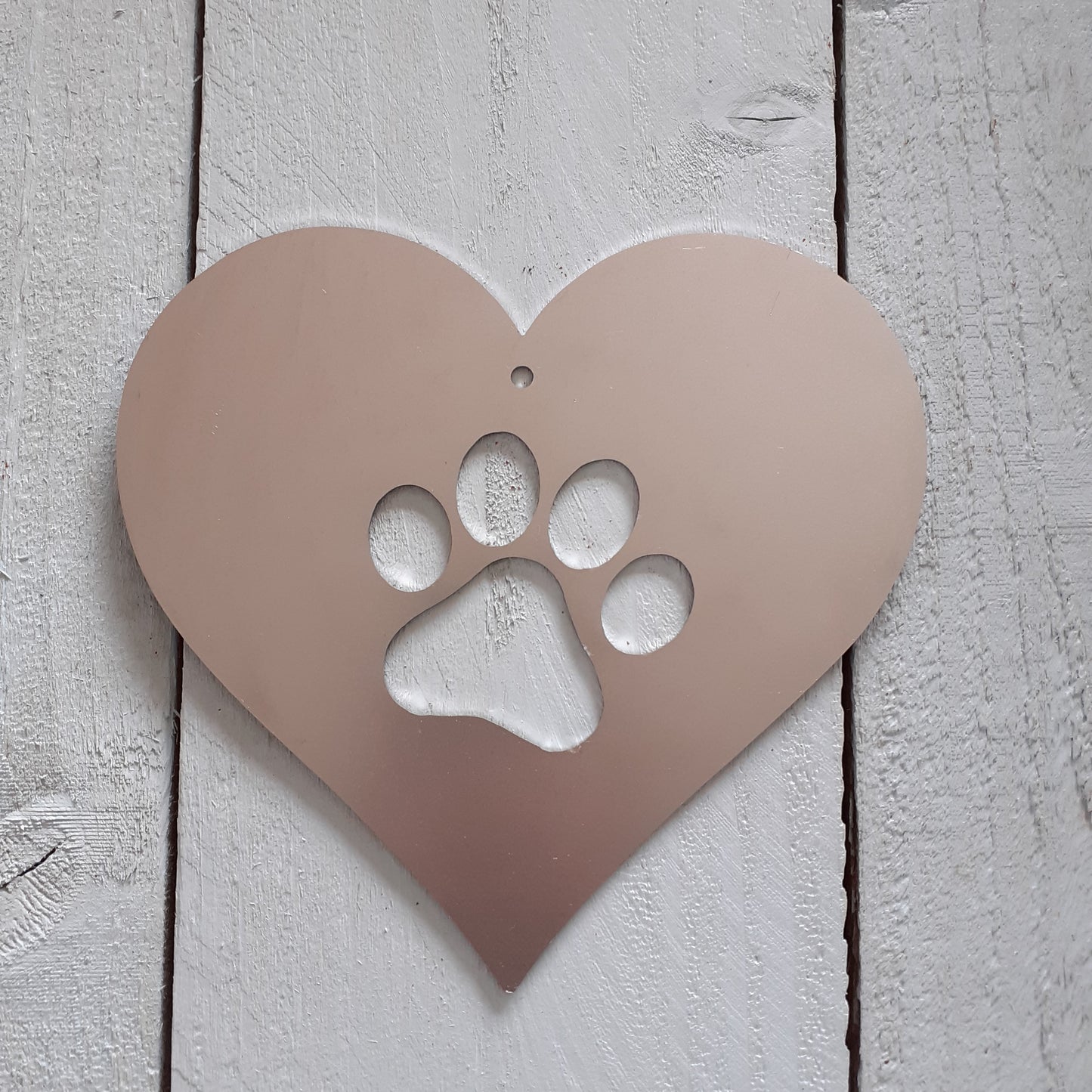 Metal love heart with paw print garden decoration / steel heart and pet paw print hanging decoration / rustic rusted metal garden gift