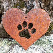 Metal love heart with paw print garden decoration / steel heart and pet paw print hanging decoration / rustic rusted metal garden gift