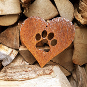 Metal love heart with paw print garden decoration / steel heart and pet paw print hanging decoration / rustic rusted metal garden gift