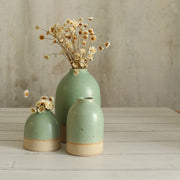 Three mint green ceramic vases with dried flowers on a wooden surface.